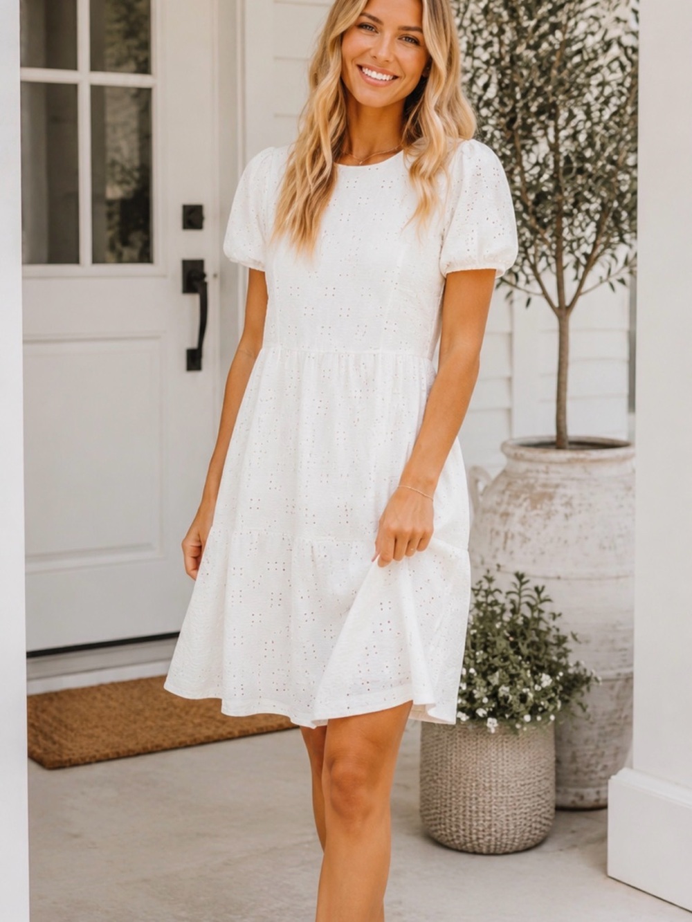 DownEast Soirée Eyelet Dress - White - Knee Length - Puff Sleeve - sz M